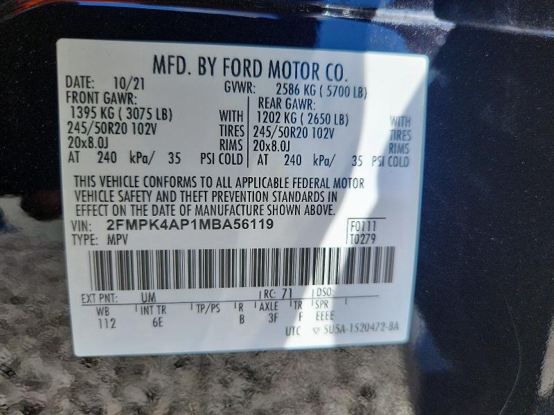 Auction sale of the 2021 Ford Edge, vin: 2FMPK4AP1MBA56119, lot number: 61810886