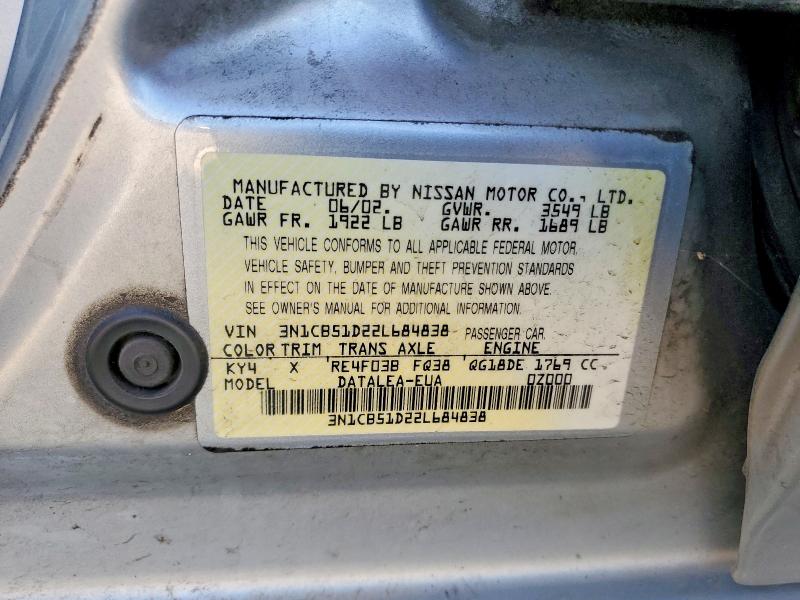 2002 Nissan Sentra მანქანა იყიდება აუქციონზე, vin: 3N1CB51D22L684838, აუქციონის ნომერი: 62322446