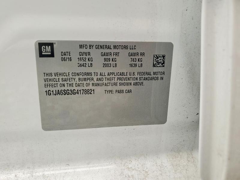 2016 Chevrolet Sonic მანქანა იყიდება აუქციონზე, vin: 1G1JA6SG3G4178821, აუქციონის ნომერი: 61103846