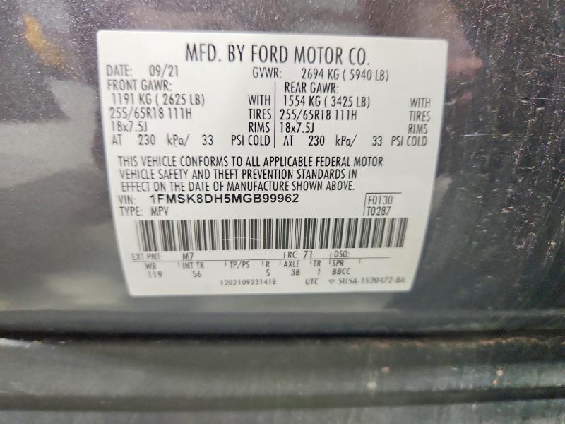57061416 :رقم المزاد ، 1FMSK8DH5MGB99962 vin ، 2021 Ford Explorer مزاد بيع