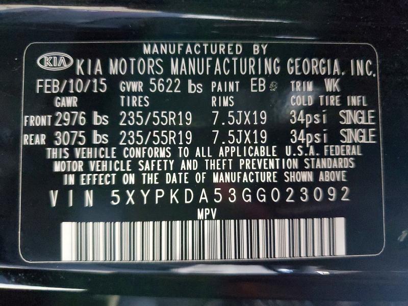 Продажа на аукционе авто 2016 Kia Sorento, vin: 5XYPKDA53GG023092, номер лота: 62795196