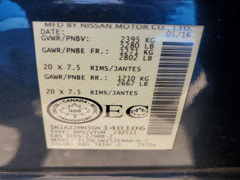 2016 Nissan Murano მანქანა იყიდება აუქციონზე, vin: 5N1AZ2MH3GN140106, აუქციონის ნომერი: 61306736