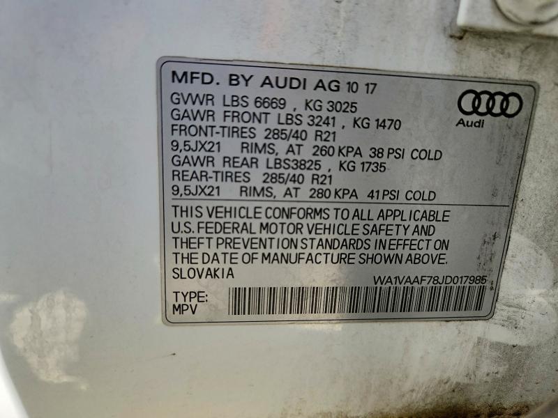 85969665 :رقم المزاد ، WA1VAAF78JD017985 vin ، 2018 Audi Q7 مزاد بيع