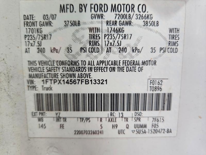 Продаж на аукціоні авто 2007 Ford F150, vin: 1FTPX14567FB13321, номер лоту: 61921046