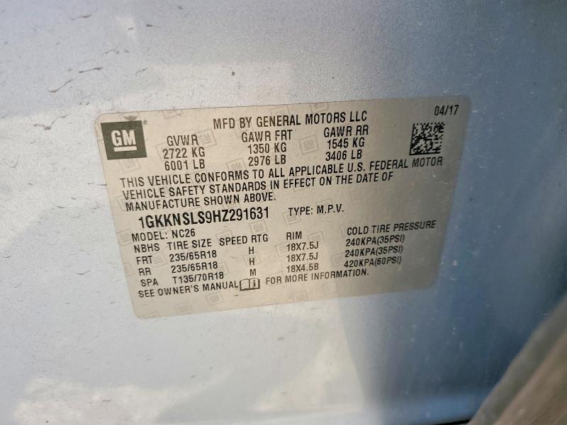 2017 Gmc Acadia მანქანა იყიდება აუქციონზე, vin: 1GKKNSLS9HZ291631, აუქციონის ნომერი: 59777776