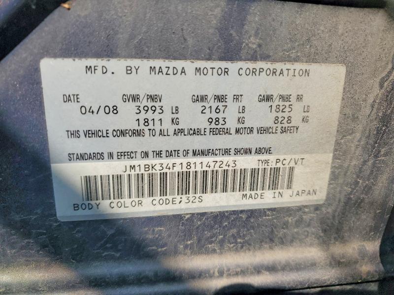 2008 Mazda 3 მანქანა იყიდება აუქციონზე, vin: JM1BK34F181147243, აუქციონის ნომერი: 59144946