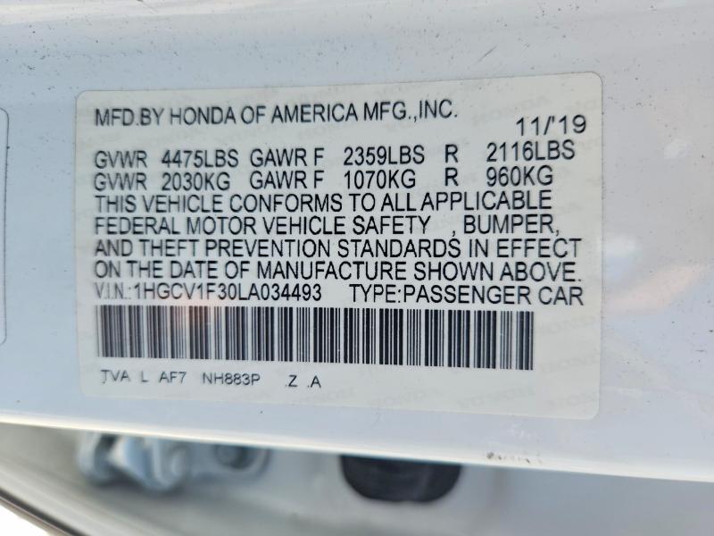Продажа на аукционе авто 2020 Honda Accord, vin: 1HGCV1F30LA034493, номер лота: 63160266