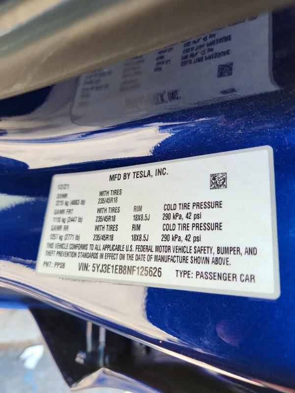 Продажа на аукционе авто 2022 Tesla Model 3, vin: 5YJ3E1EB8NF125626, номер лота: 59917826