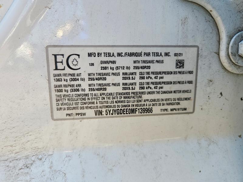 Auction sale of the 2021 Tesla Model Y, vin: 5YJYGDEE0MF139966, lot number: 57299126