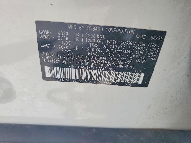 60940136 :رقم المزاد ، 4S4BTAFC4S3301925 vin ، 2025 Subaru Outback مزاد بيع