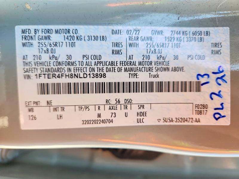 2022 Ford Ranger მანქანა იყიდება აუქციონზე, vin: 1FTER4FH8NLD13898, აუქციონის ნომერი: 59829446