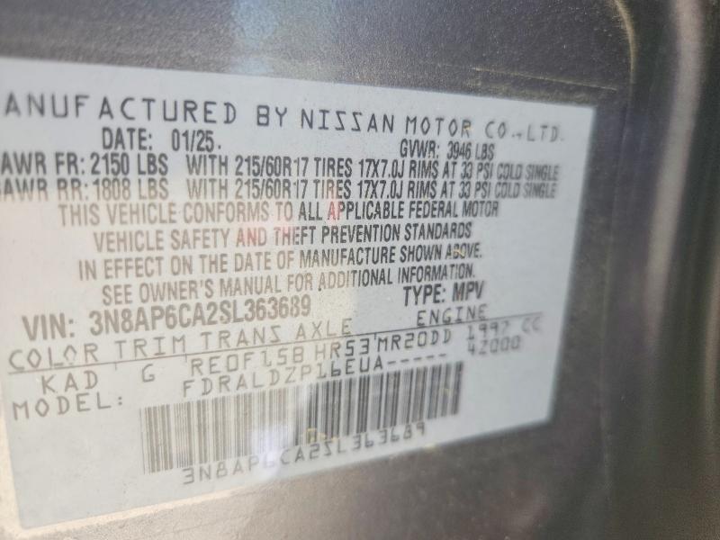 59624236 :رقم المزاد ، 3N8AP6CA2SL363689 vin ، 2025 Nissan Kicks مزاد بيع