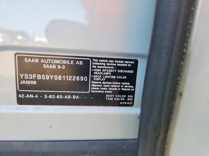 Aukcja sprzedaży 2008 Saab 9-3, vin: YS3FB59Y081122690, numer aukcji: 61557116