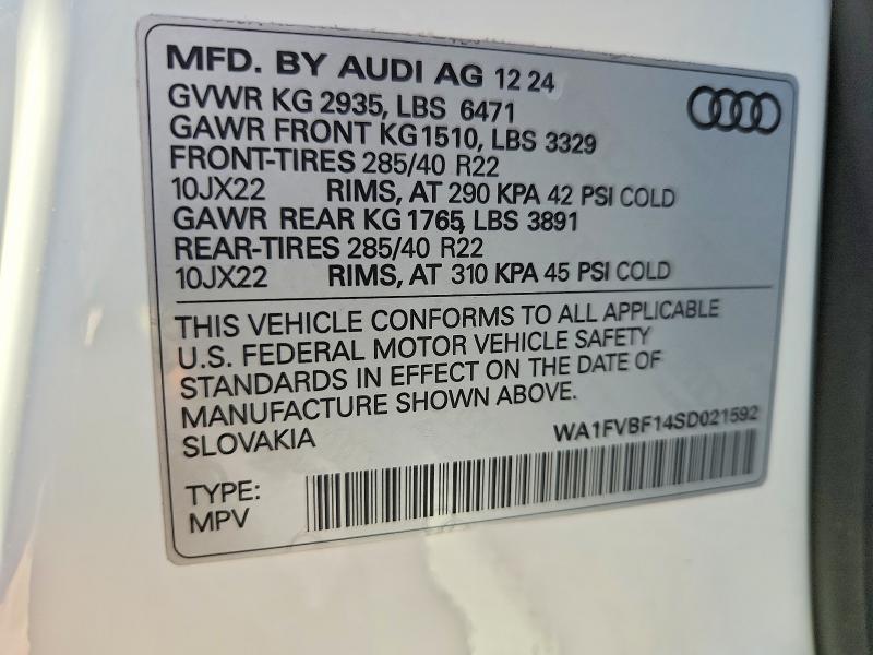 Aukcja sprzedaży 2025 Audi Q8, vin: WA1FVBF14SD021592, numer aukcji: 61240836