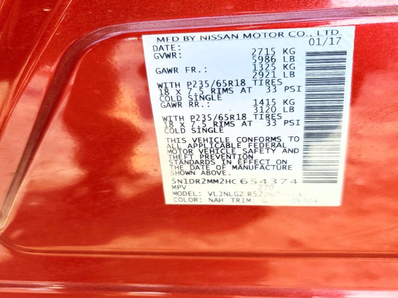 59964976 :رقم المزاد ، 5N1DR2MM2HC654374 vin ، 2017 Nissan Pathfinder مزاد بيع