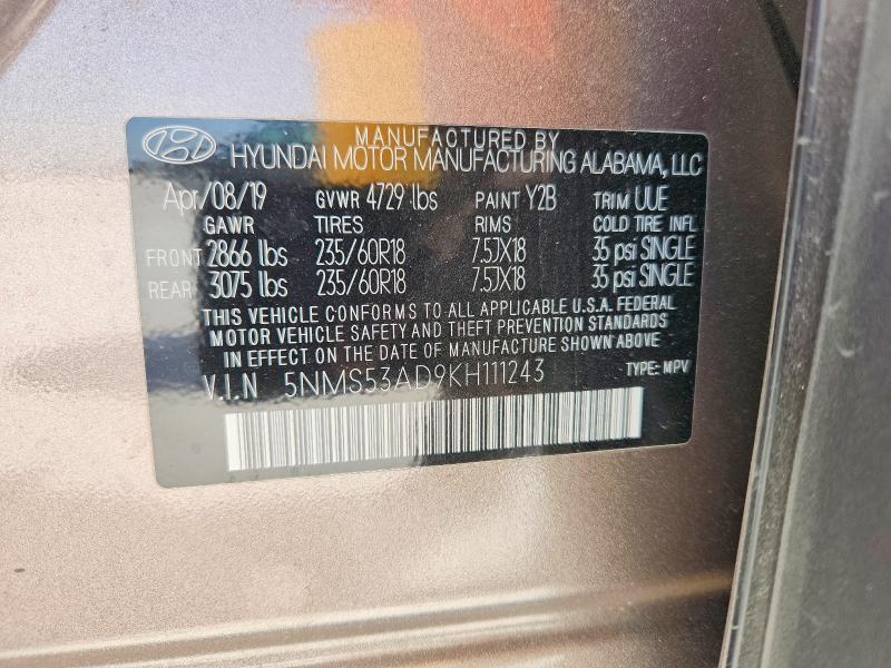 Aukcja sprzedaży 2019 Hyundai Santa Fe, vin: 5NMS53AD9KH111243, numer aukcji: 59277116