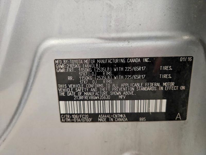 59642476 :رقم المزاد ، 2T3RFREV8GW435630 vin ، 2016 Toyota Rav4 مزاد بيع
