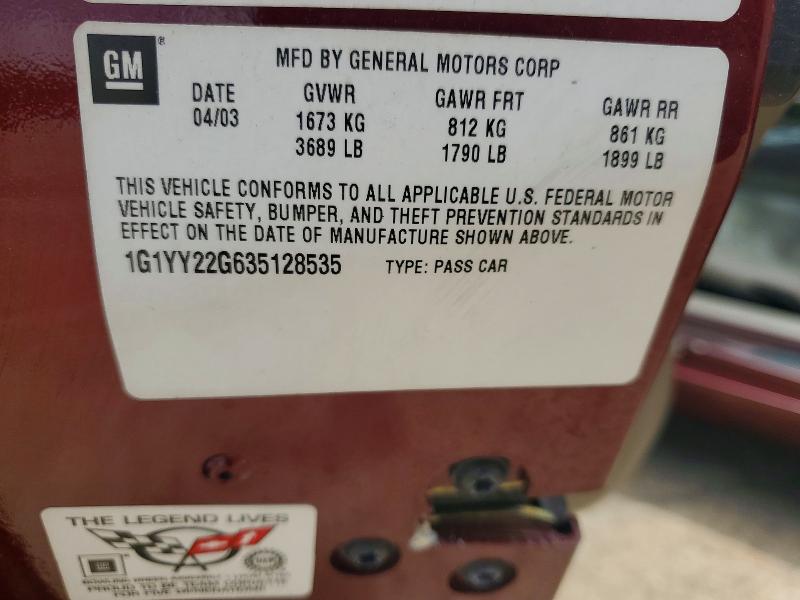 2003 Chevrolet Corvette მანქანა იყიდება აუქციონზე, vin: 1G1YY22G635128535, აუქციონის ნომერი: 62273426