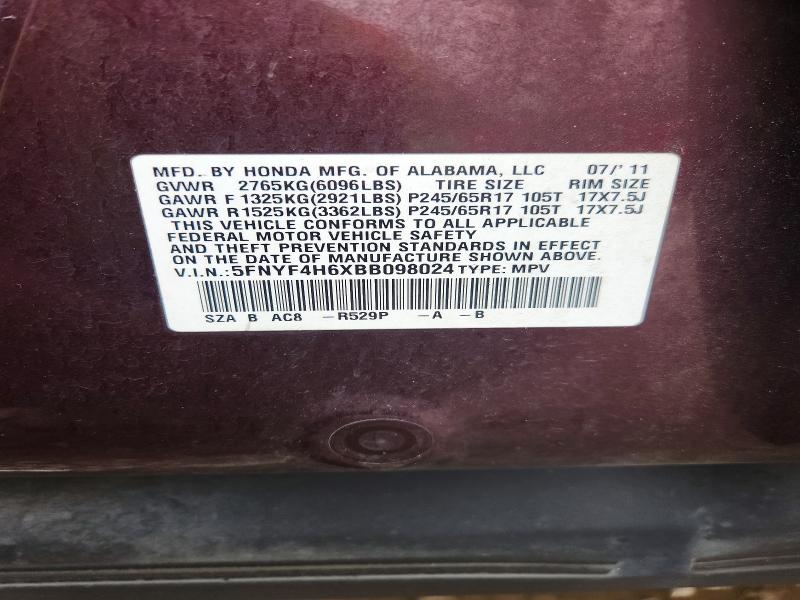 2011 Honda Pilot მანქანა იყიდება აუქციონზე, vin: 5FNYF4H6XBB098024, აუქციონის ნომერი: 63036756