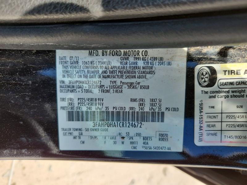 Aukcja sprzedaży 2012 Ford Fusion, vin: 3FAHP0HA1CR124672, numer aukcji: 59879746