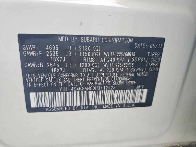 Продаж на аукціоні авто 2017 Subaru Outback, vin: 4S4BSANC0H3412923, номер лоту: 61575136