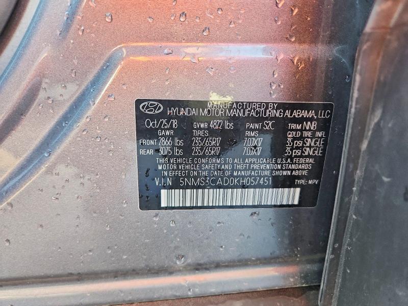 61323486 :رقم المزاد ، 5NMS3CAD0KH057451 vin ، 2019 Hyundai Santa Fe مزاد بيع