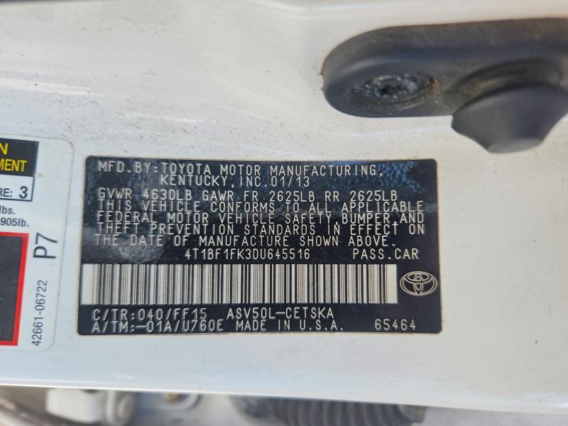 2013 Toyota Camry მანქანა იყიდება აუქციონზე, vin: 4T1BF1FK3DU645516, აუქციონის ნომერი: 60504476