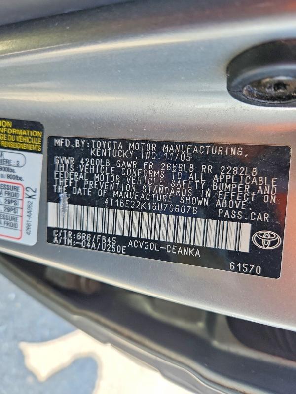 Aukcja sprzedaży 2006 Toyota Camry, vin: 4T1BE32K16U706076, numer aukcji: 62131196