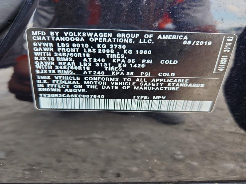62024286 :رقم المزاد ، 1V2GR2CA6KC607640 vin ، 2019 Volkswagen Atlas مزاد بيع