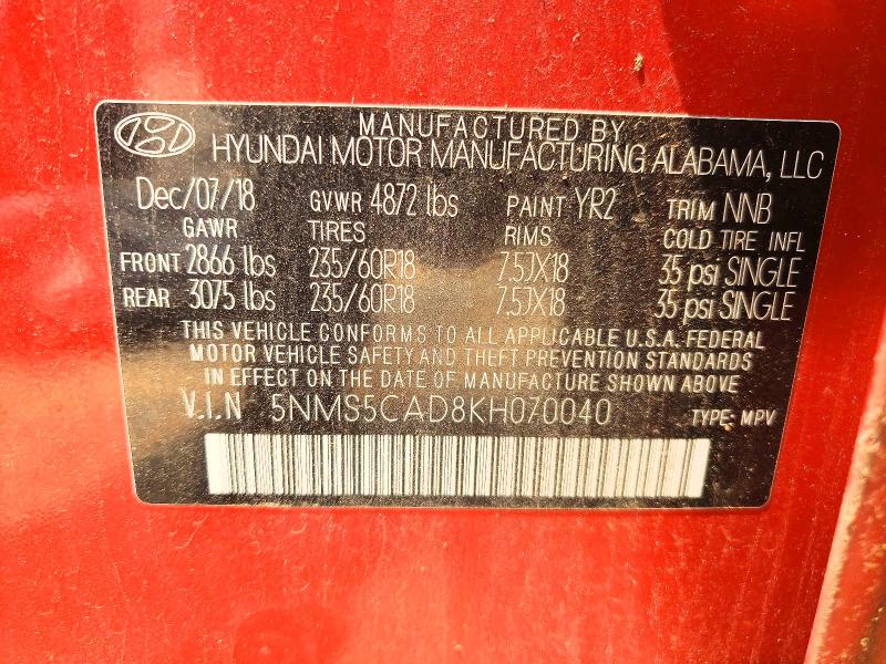 Aukcja sprzedaży 2019 Hyundai Santa Fe, vin: 5NMS5CAD8KH070040, numer aukcji: 62589866