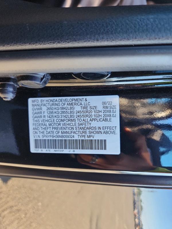 Продаж на аукціоні авто 2022 Honda Pilot, vin: 5FNYF6H36NB059324, номер лоту: 62010716