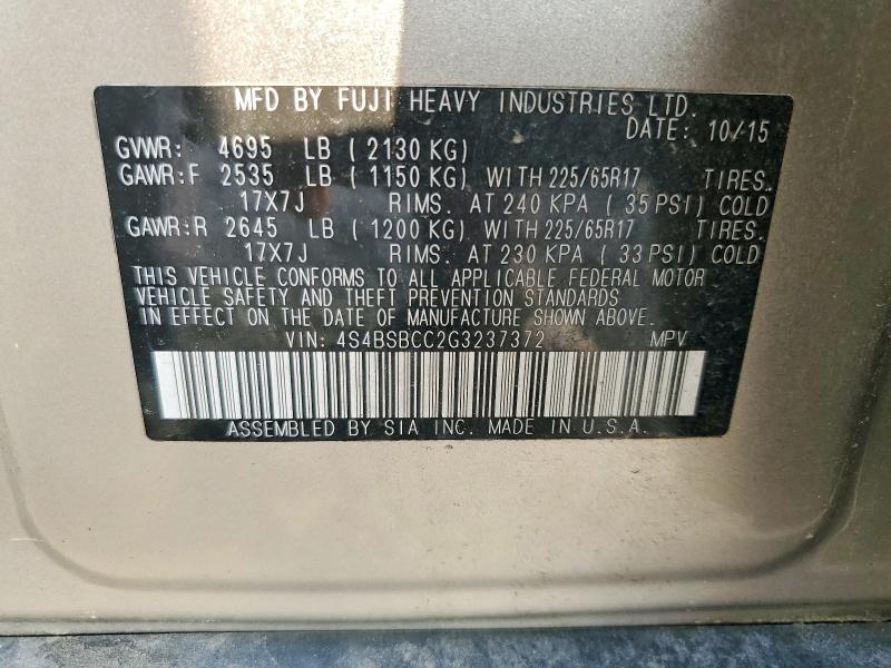 Продажа на аукционе авто 2016 Subaru Outback, vin: 4S4BSBCC2G3237372, номер лота: 59976626