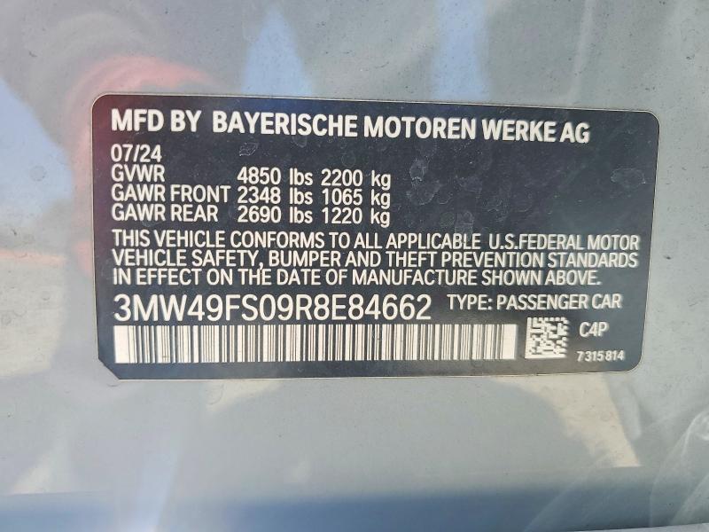 62076606 :رقم المزاد ، 3MW49FS09R8E84662 vin ، 2024 Bmw M340i مزاد بيع