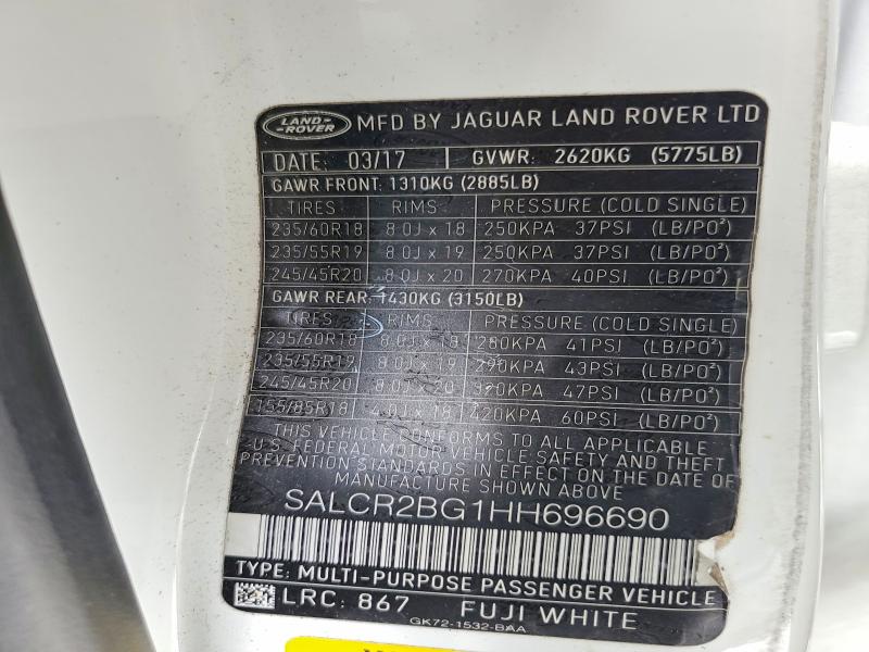Aukcja sprzedaży 2017 Land Rover Discovery Sport, vin: SALCR2BG1HH696690, numer aukcji: 60939156
