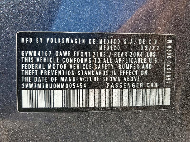 Aukcja sprzedaży 2022 Volkswagen Jetta, vin: 3VW7M7BU0NM005454, numer aukcji: 63012266