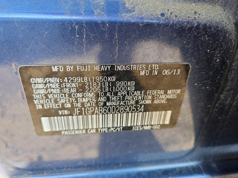 2013 Subaru Impreza მანქანა იყიდება აუქციონზე, vin: JF1GPAB60D2890534, აუქციონის ნომერი: 59344536