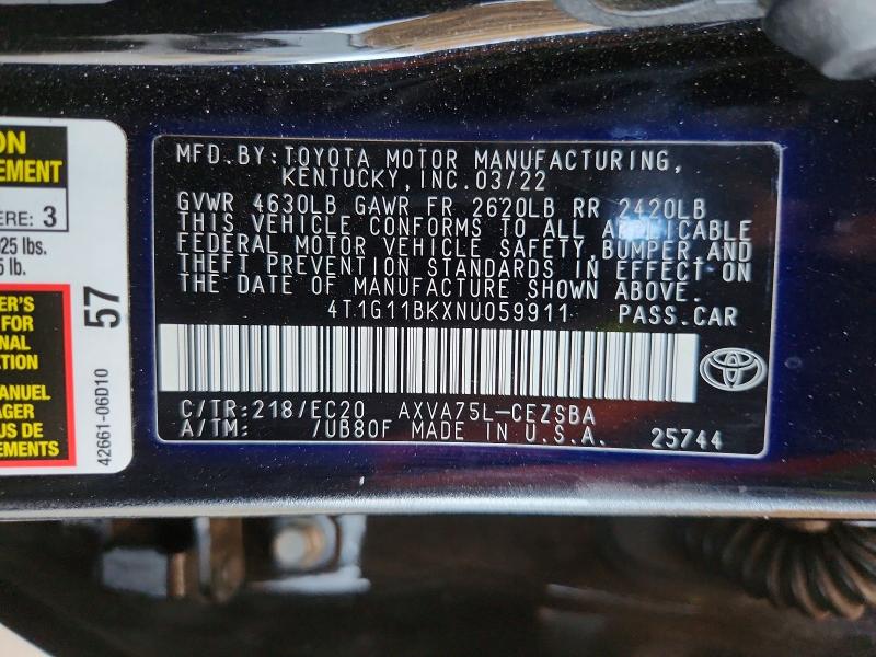 Продажа на аукционе авто 2022 Toyota Camry, vin: 4T1G11BKXNU059911, номер лота: 59361406