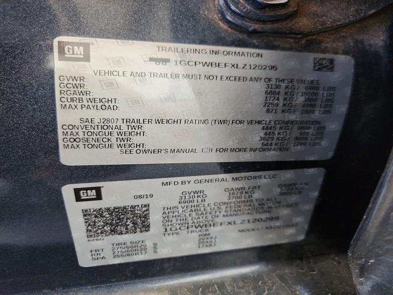 Aukcja sprzedaży 2020 Chevrolet Silverado, vin: 1GCPWBEFXLZ120295, numer aukcji: 62807106