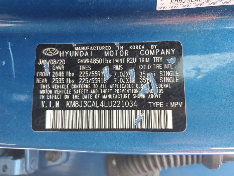 2020 Hyundai Tucson მანქანა იყიდება აუქციონზე, vin: KM8J3CAL4LU221034, აუქციონის ნომერი: 59807786