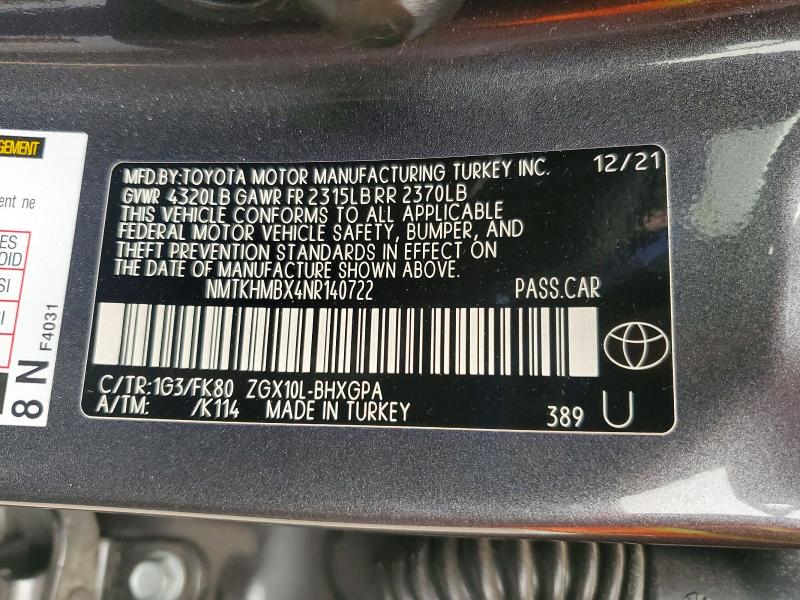 Aukcja sprzedaży 2022 Toyota C-hr, vin: NMTKHMBX4NR140722, numer aukcji: 61380616