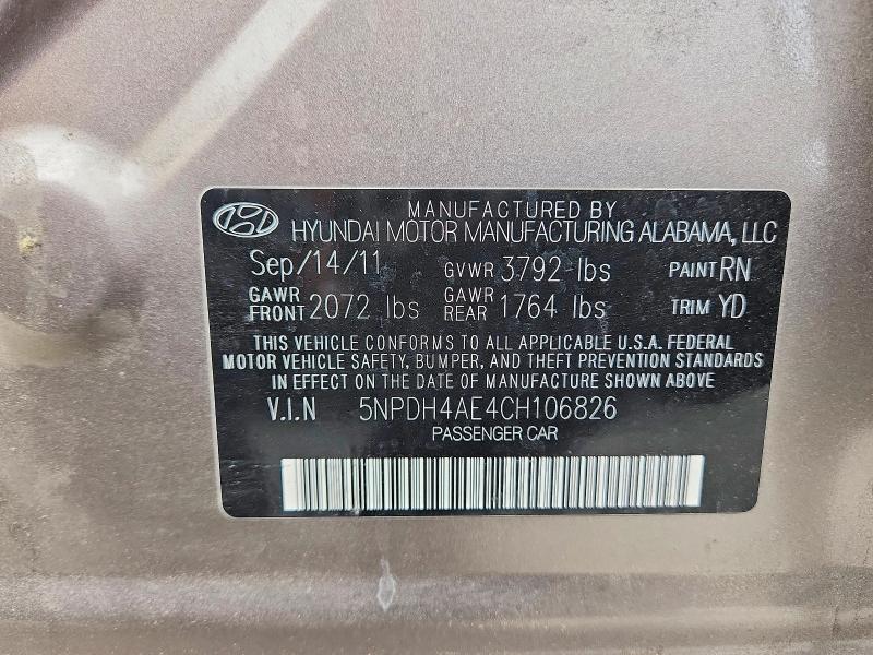 Продаж на аукціоні авто 2012 Hyundai Elantra, vin: 5NPDH4AE4CH106826, номер лоту: 61292636