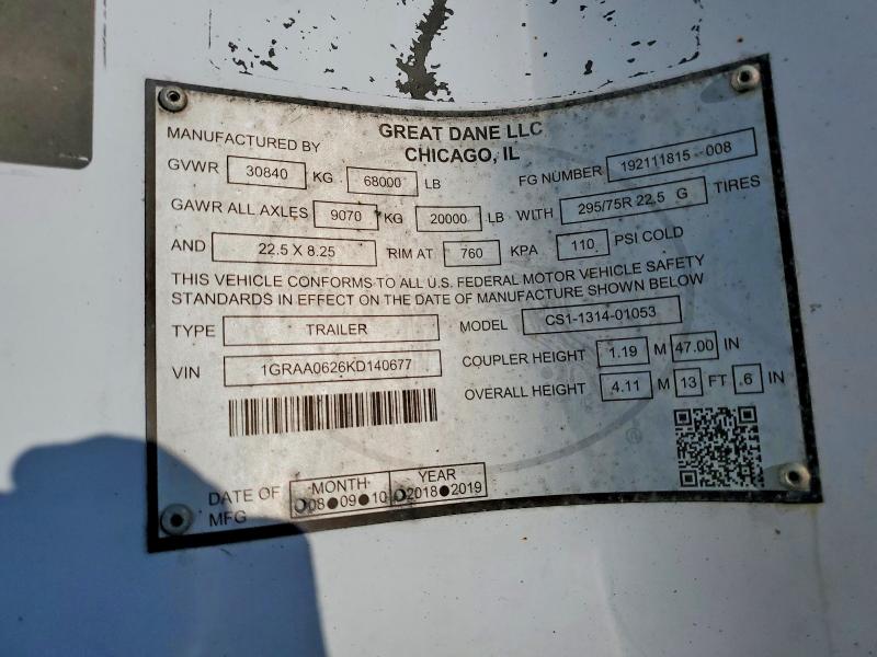 2019 Great Dane Trailers მანქანა იყიდება აუქციონზე, vin: 1GRAA0626KD140677, აუქციონის ნომერი: 62482856