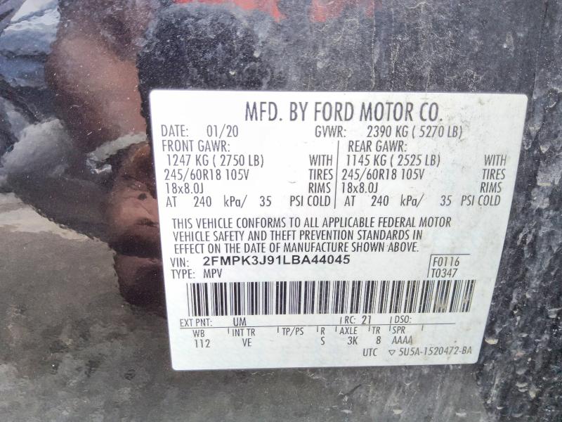 59821186 :رقم المزاد ، 2FMPK3J91LBA44045 vin ، 2020 Ford Edge مزاد بيع