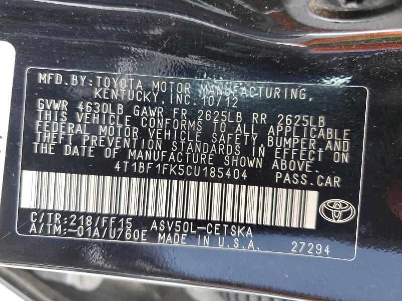 Aukcja sprzedaży 2012 Toyota Camry, vin: 4T1BF1FK5CU185404, numer aukcji: 62432366
