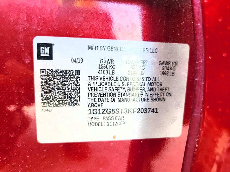 62504596 :رقم المزاد ، 1G1ZG5ST3KF203741 vin ، 2019 Chevrolet Malibu مزاد بيع