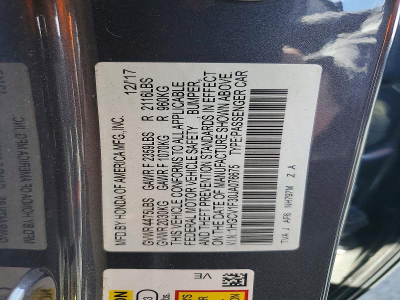 59285036 :رقم المزاد ، 1HGCV1F30JA076675 vin ، 2018 Honda Accord مزاد بيع