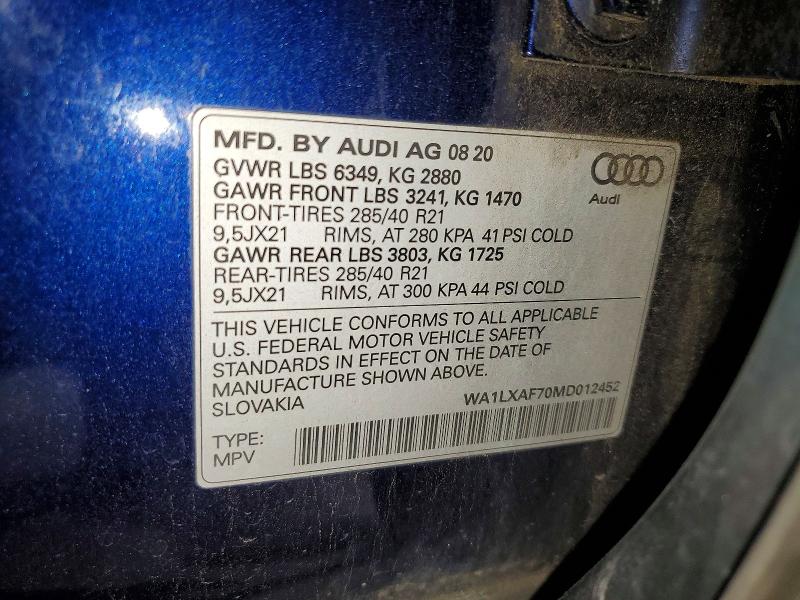 85974085 :رقم المزاد ، WA1LXAF70MD012452 vin ، 2021 Audi Q7 مزاد بيع