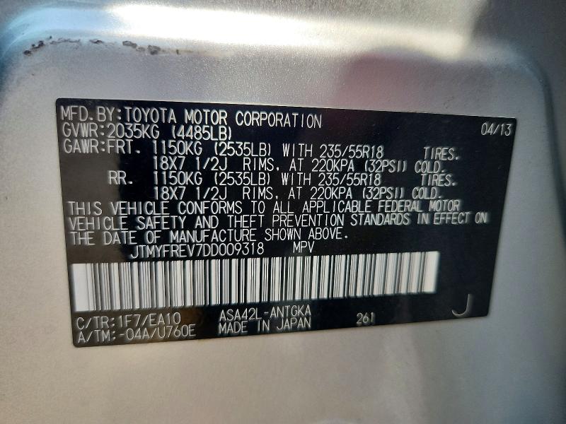 Aukcja sprzedaży 2013 Toyota Rav4, vin: JTMYFREV7DD009318, numer aukcji: 62702316