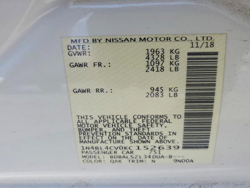 Aukcja sprzedaży 2019 Nissan Altima, vin: 1N4BL4CV0KC152639, numer aukcji: 59837276