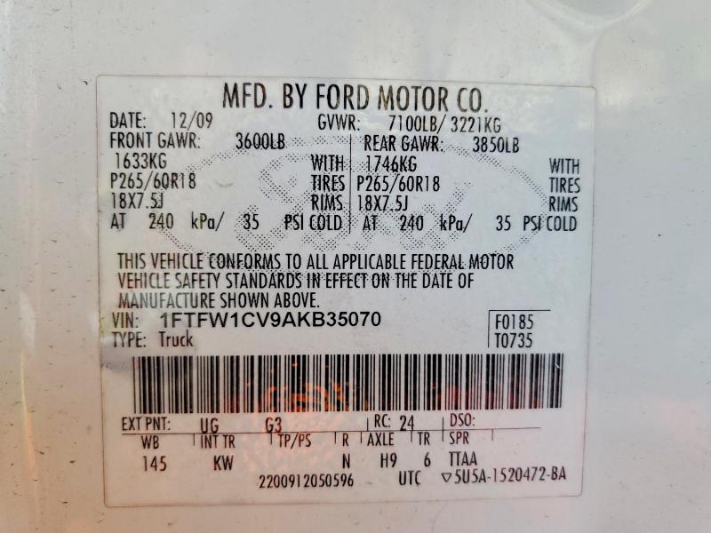 60397546 :رقم المزاد ، 1FTFW1CV9AKB35070 vin ، 2010 Ford F150 مزاد بيع